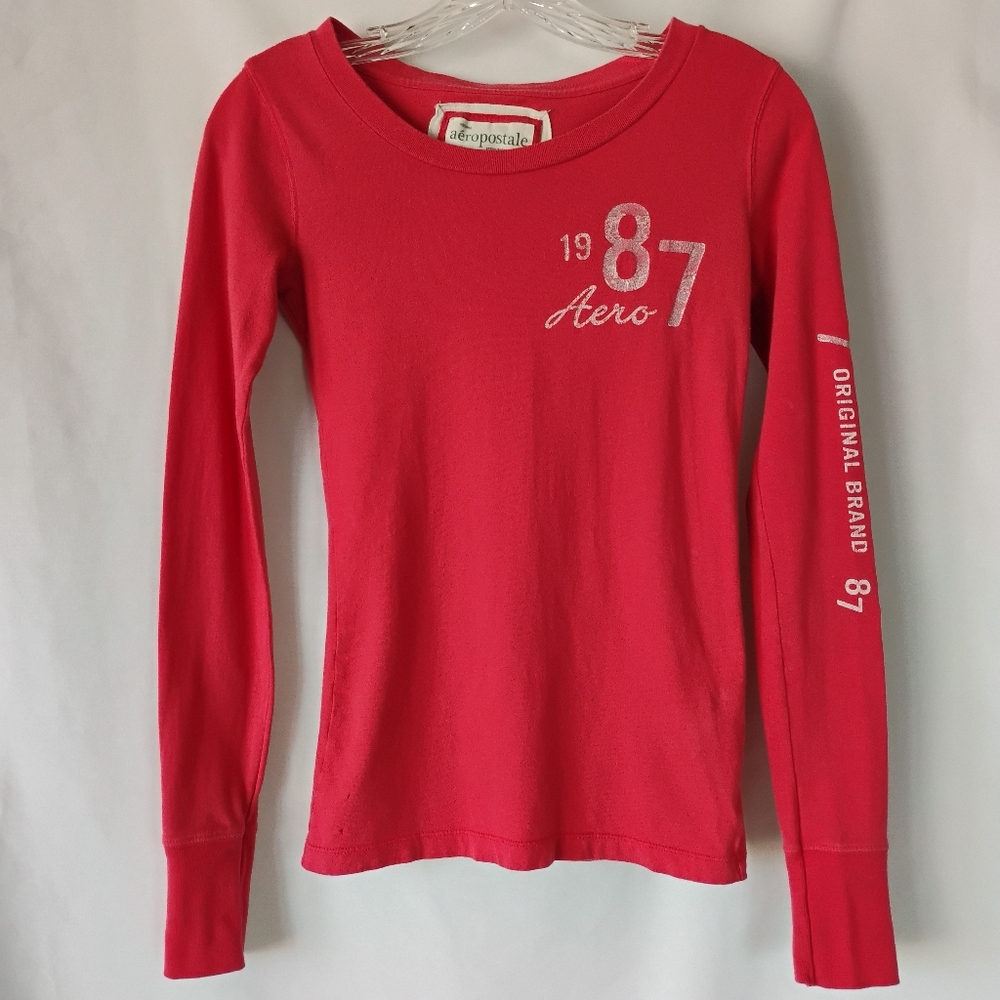 Women's XS Salmon Pink Aeropostale 1987 Distressed Long Sleeve Tee Vintage Y2K